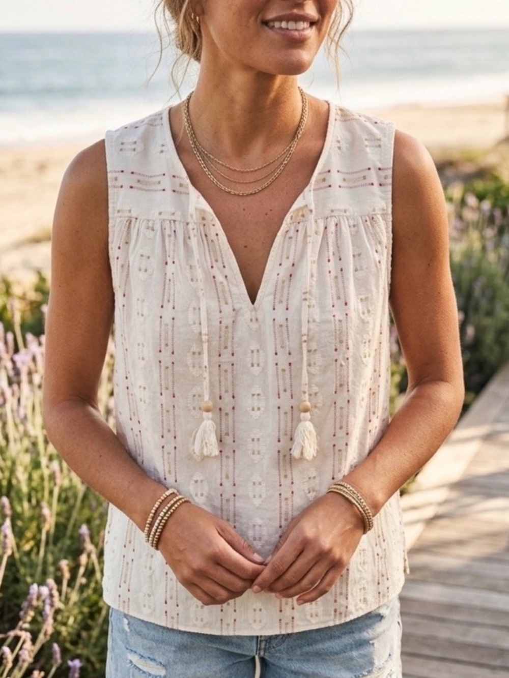 Faherty Skylar Sunburst Cream Tassel Tank Top Medium Desert Boho Organic Cotton